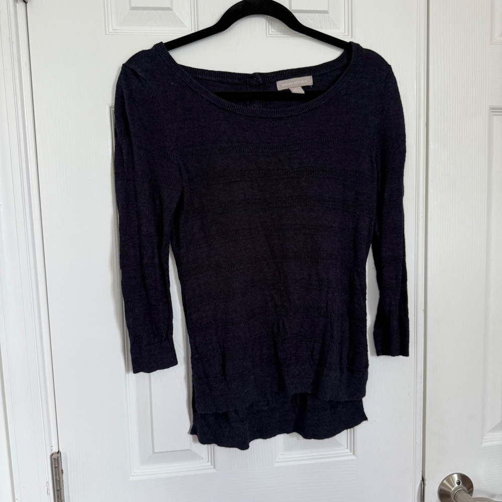 Banana Republic Navy Textured Stripe Linen Blend Preppy Sweater Womens Small EUC